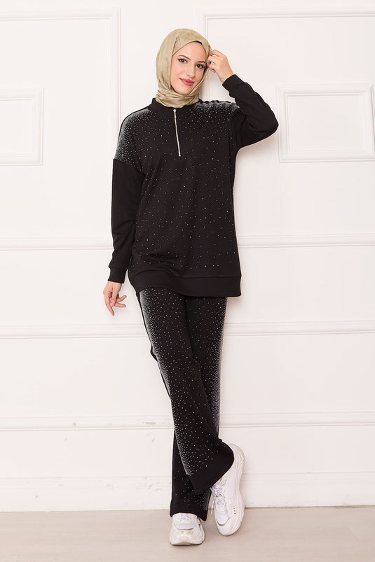 Costume deux pièces à demi-fermeture éclair noir avec pierres saupoudrées