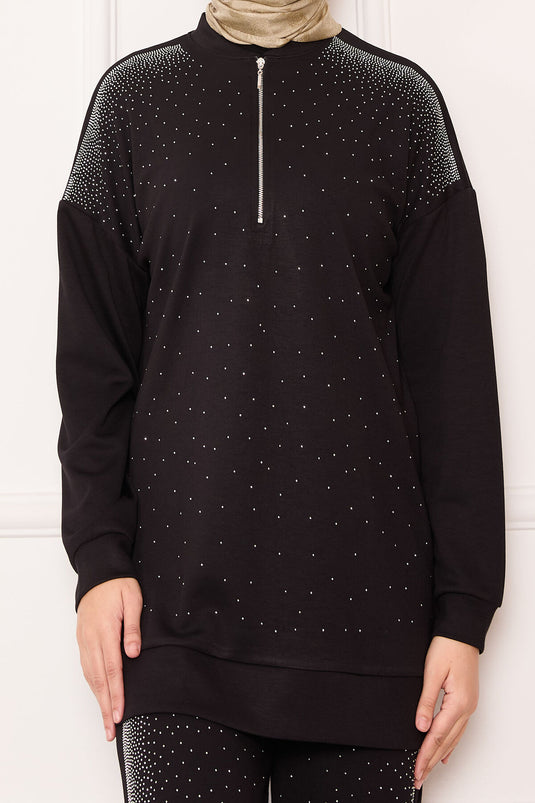 بدلة من قطعتين بسحاب نصفي مع أحجار مرشوشة، باللون الأسود