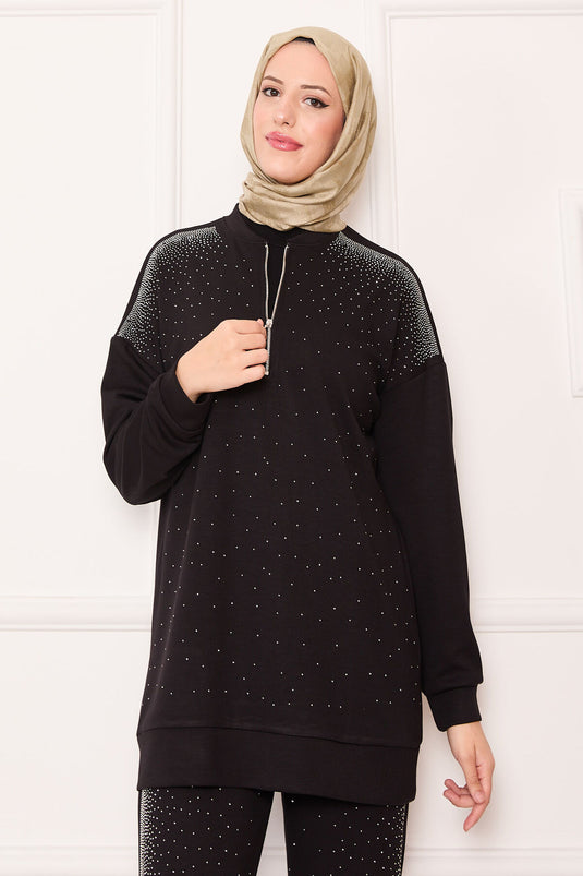 Costume deux pièces à demi-fermeture éclair noir avec pierres saupoudrées