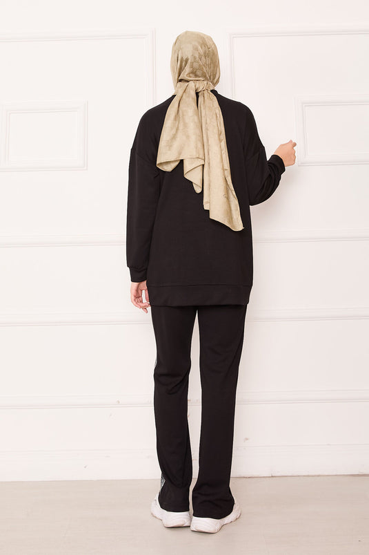 Costume deux pièces à demi-fermeture éclair noir avec pierres saupoudrées