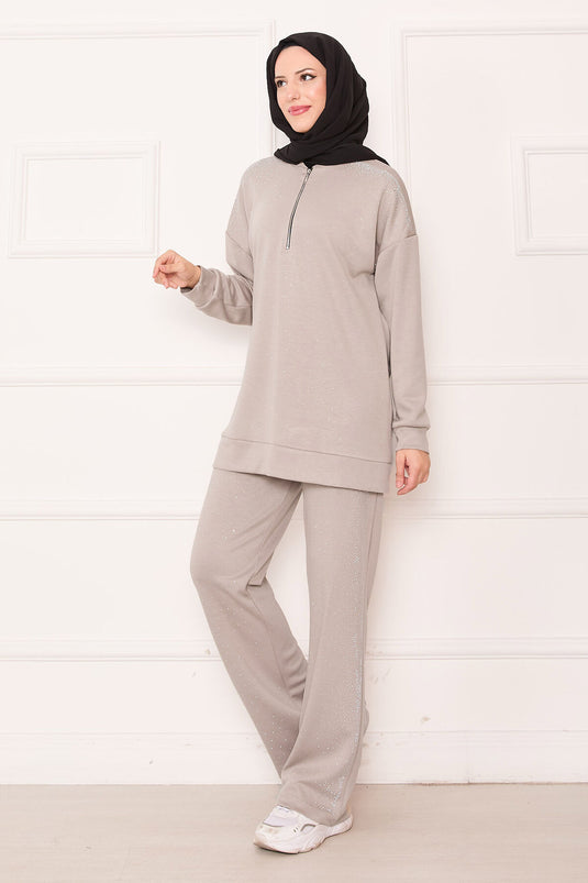 Serpme Taşlı Yarım Fermuarlı İkili Takım Vizon