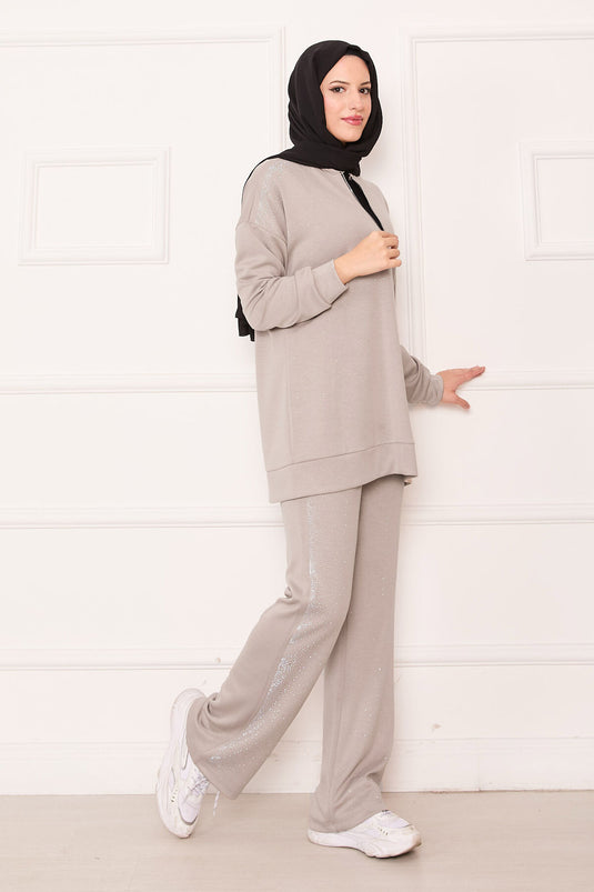 Serpme Taşlı Yarım Fermuarlı İkili Takım Vizon