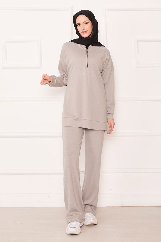 Serpme Taşlı Yarım Fermuarlı İkili Takım Vizon