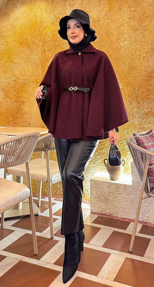 Seyyar Kemerli Düğme Detaylı Tesettür Kaşe Panço Bordo