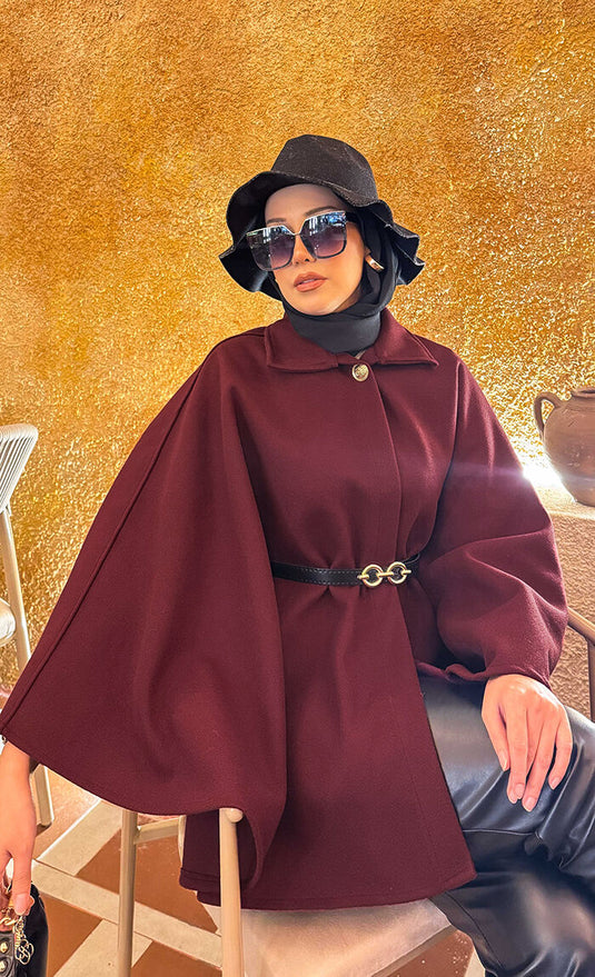 Seyyar Kemerli Düğme Detaylı Tesettür Kaşe Panço Bordo