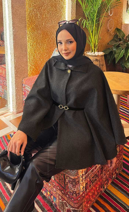Removable Belted Button Detailed Hijab Poncho in Smoke Color
