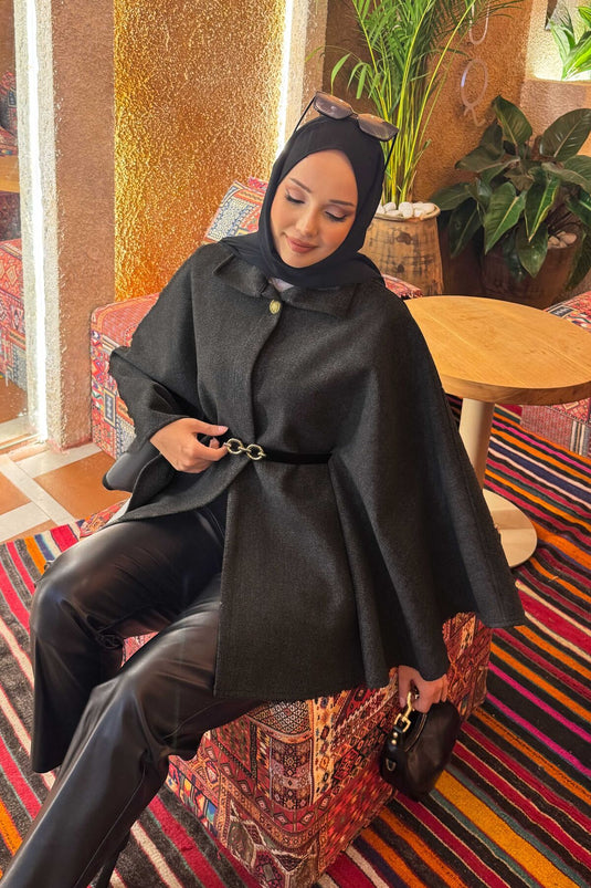 Removable Belted Button Detailed Hijab Poncho in Smoke Color