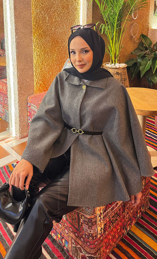 Seyyar Kemerli Düğme Detaylı Tesettür Kaşe Panço Gri