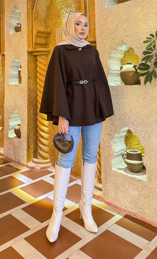 Seyyar Kemerli Düğme Detaylı Tesettür Kaşe Panço Kahve