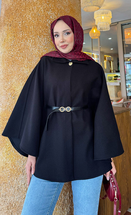 Seyyar Kemerli Düğme Detaylı Tesettür Kaşe Panço Siyah