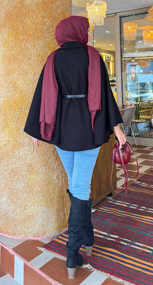 Seyyar Kemerli Düğme Detaylı Tesettür Kaşe Panço Siyah