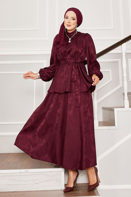 Seyyar Kuşaklı Beli Büzgülü Jakar İkili Takım Bordo