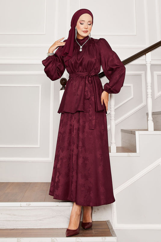 Seyyar Kuşaklı Beli Büzgülü Jakar İkili Takım Bordo