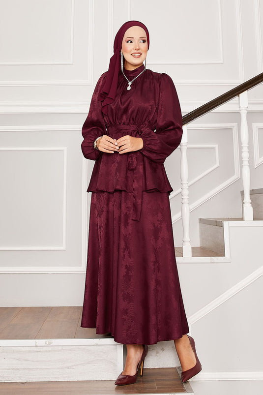 Seyyar Kuşaklı Beli Büzgülü Jakar İkili Takım Bordo