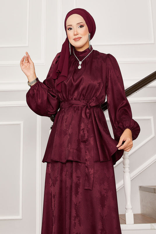 Seyyar Kuşaklı Beli Büzgülü Jakar İkili Takım Bordo
