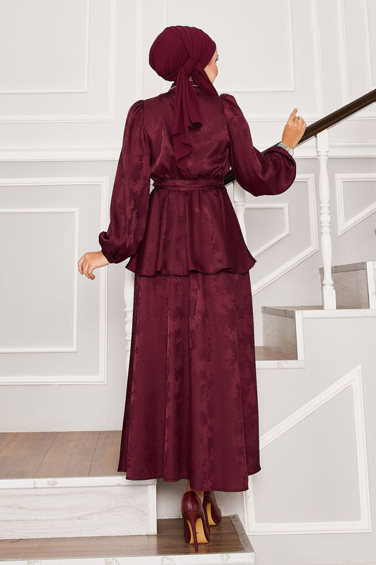 Seyyar Kuşaklı Beli Büzgülü Jakar İkili Takım Bordo