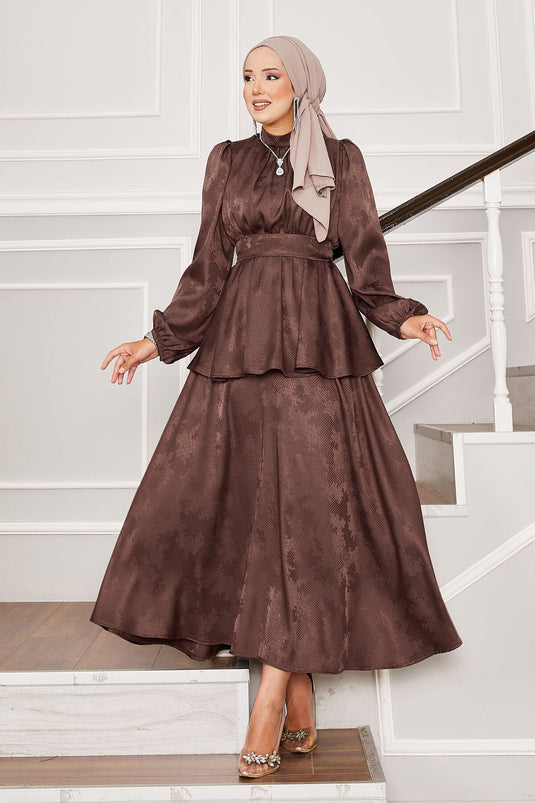 Seyyar Kuşaklı Beli Büzgülü Jakar İkili Takım Kahve