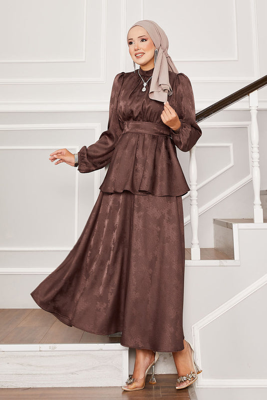 Seyyar Kuşaklı Beli Büzgülü Jakar İkili Takım Kahve