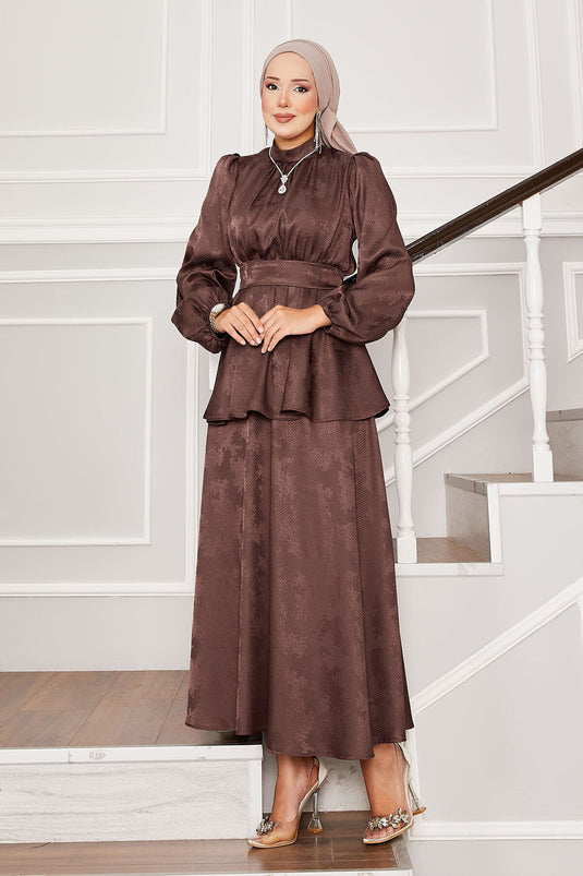 Seyyar Kuşaklı Beli Büzgülü Jakar İkili Takım Kahve