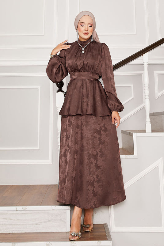 Seyyar Kuşaklı Beli Büzgülü Jakar İkili Takım Kahve