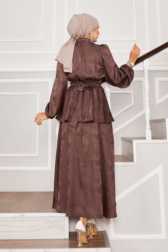 Seyyar Kuşaklı Beli Büzgülü Jakar İkili Takım Kahve