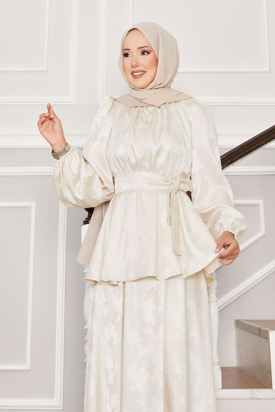Seyyar Kuşaklı Beli Büzgülü Jakar İkili Takım Krem