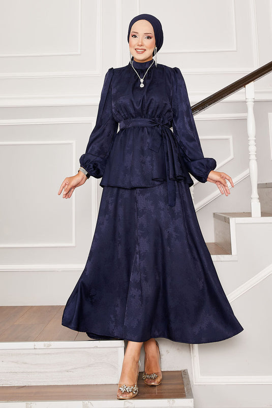 Seyyar Kuşaklı Beli Büzgülü Jakar İkili Takım Lacivert