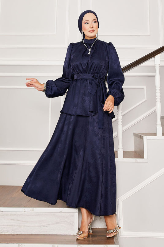 Seyyar Kuşaklı Beli Büzgülü Jakar İkili Takım Lacivert