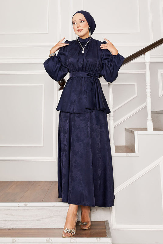 Seyyar Kuşaklı Beli Büzgülü Jakar İkili Takım Lacivert