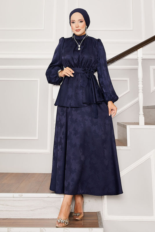 Seyyar Kuşaklı Beli Büzgülü Jakar İkili Takım Lacivert