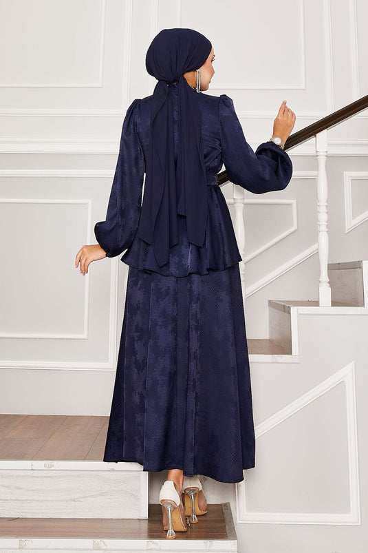 Seyyar Kuşaklı Beli Büzgülü Jakar İkili Takım Lacivert