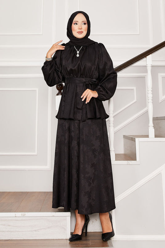 Seyyar Kuşaklı Beli Büzgülü Jakar İkili Takım Siyah