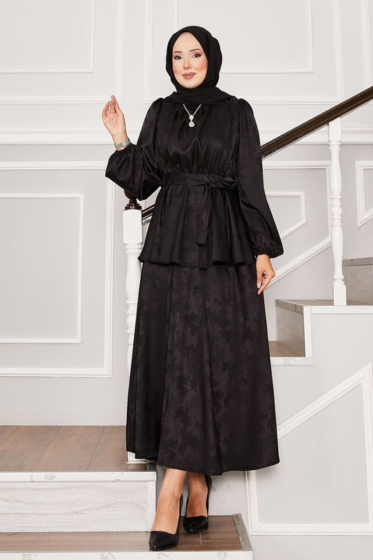 Seyyar Kuşaklı Beli Büzgülü Jakar İkili Takım Siyah