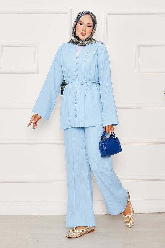Baby Blue Belted Buttoned Two-Piece Set