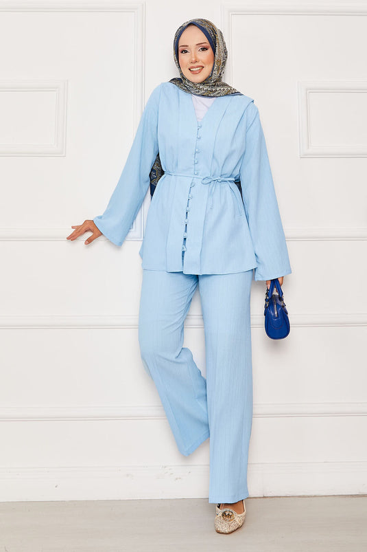Baby Blue Belted Buttoned Two-Piece Set