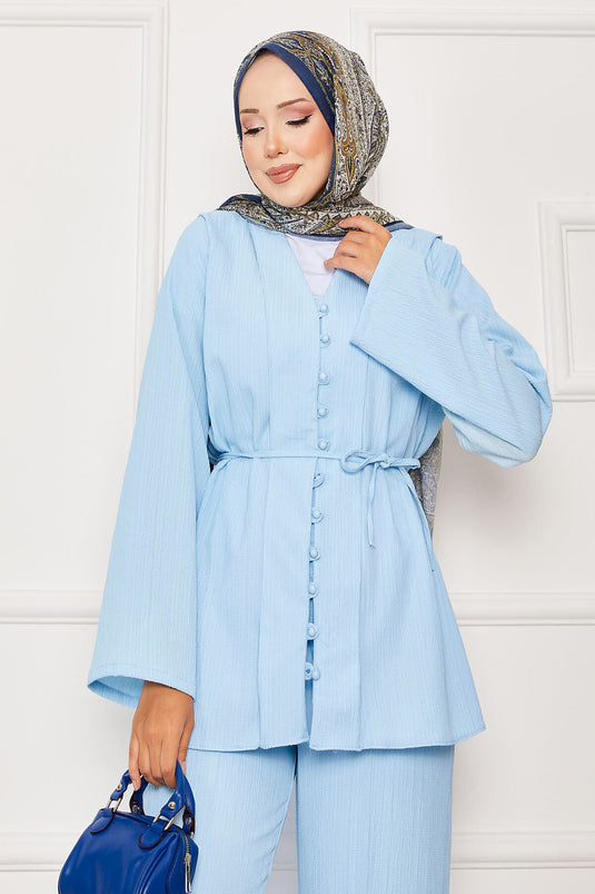 Baby Blue Belted Buttoned Two-Piece Set
