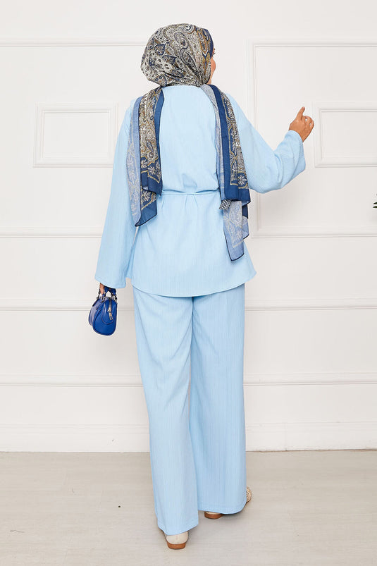 Baby Blue Belted Buttoned Two-Piece Set