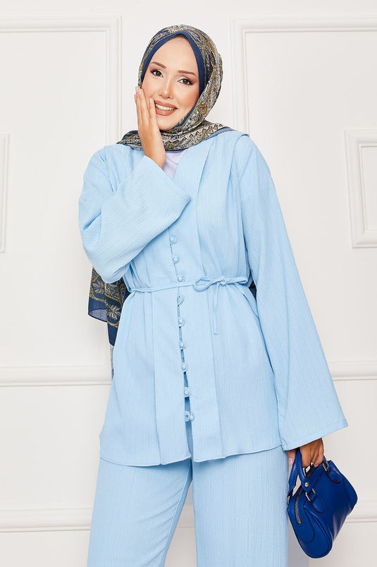 Baby Blue Belted Buttoned Two-Piece Set