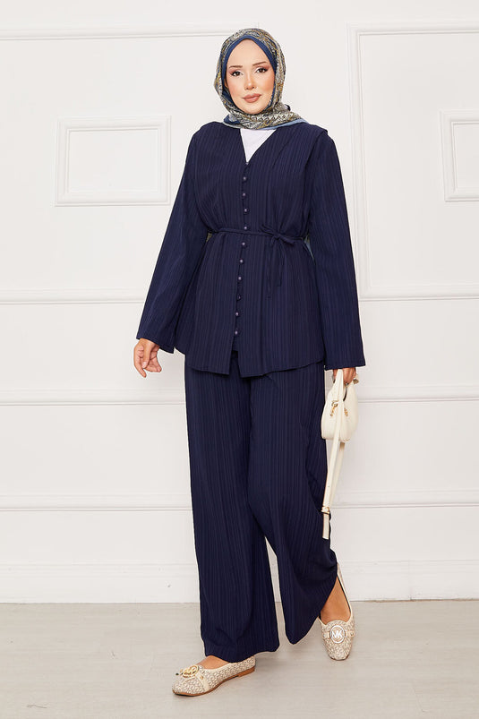 Mobile Belted Brit Buttoned Two-Piece Set Navy Blue