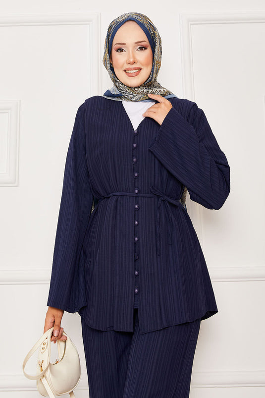 Mobile Belted Brit Buttoned Two-Piece Set Navy Blue