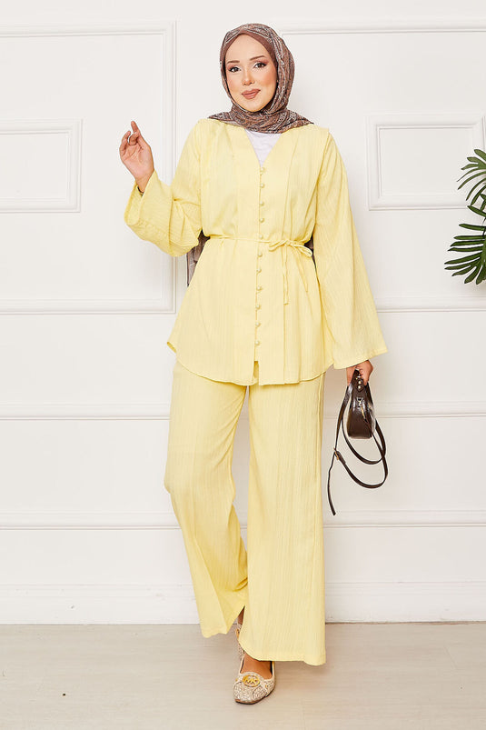 Yellow Belted Brit Buttoned Two-Piece Set