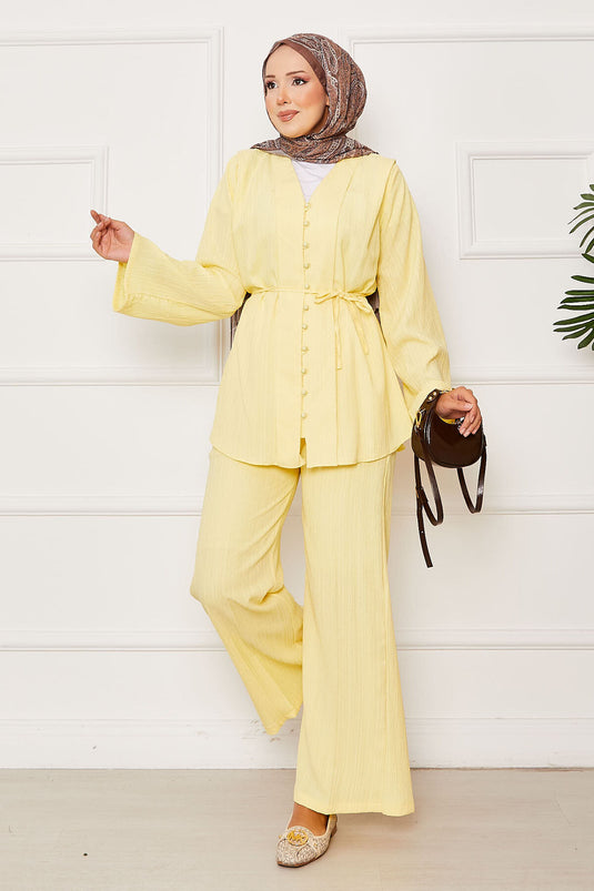 Yellow Belted Brit Buttoned Two-Piece Set