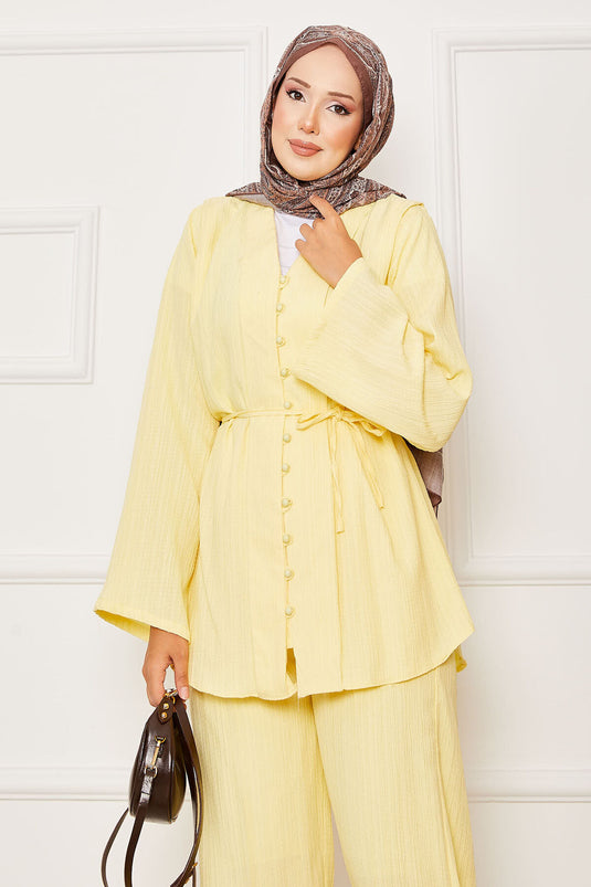 Yellow Belted Brit Buttoned Two-Piece Set