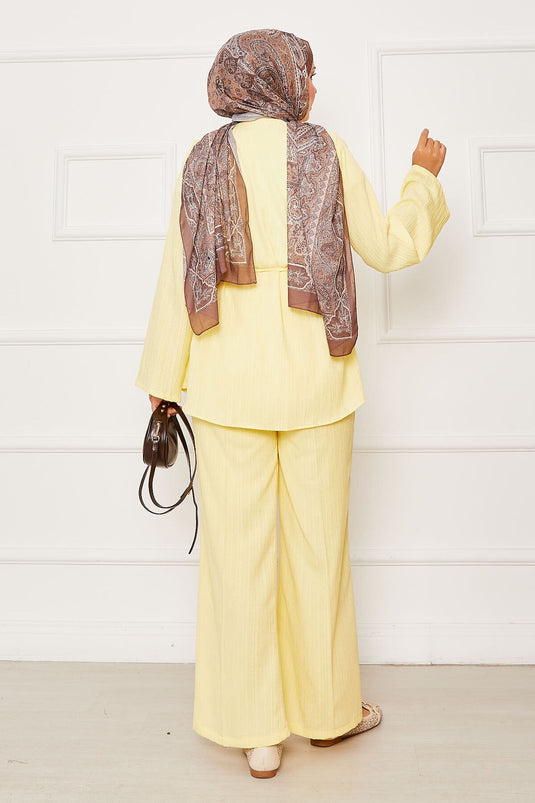 Yellow Belted Brit Buttoned Two-Piece Set