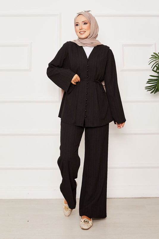 Mobile Belted Brit Buttoned Two-Piece Set Black