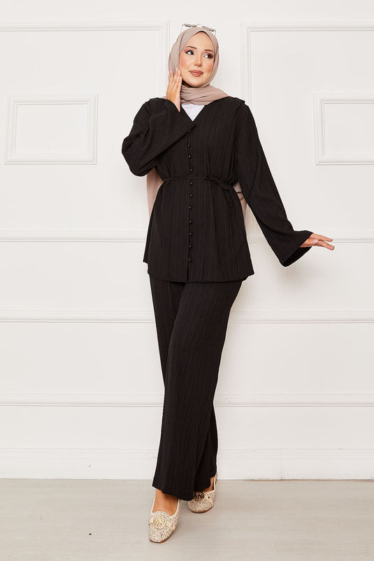 Mobile Belted Brit Buttoned Two-Piece Set Black