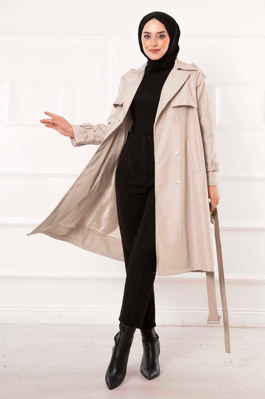 Trench Détail Boutons Ceinturé Mobile Beige
