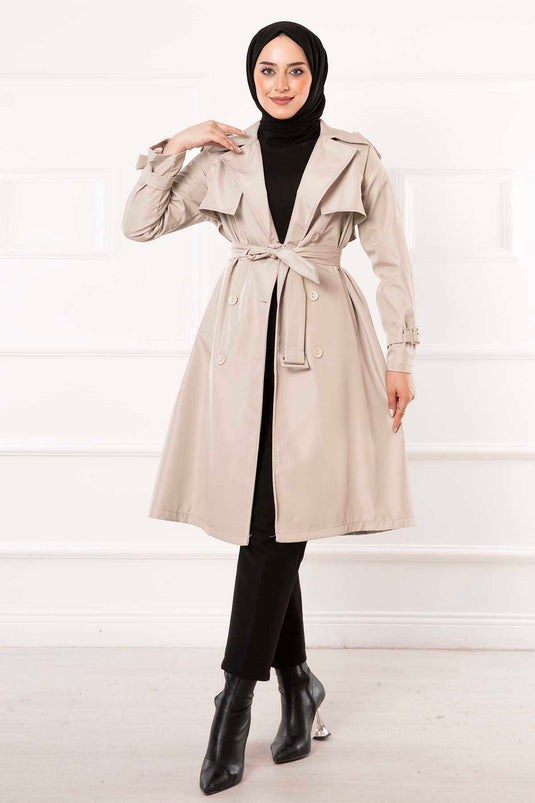 Removable Belted Button Detailed Trench Coat Beige