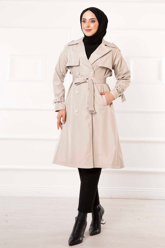 Removable Belted Button Detailed Trench Coat Beige