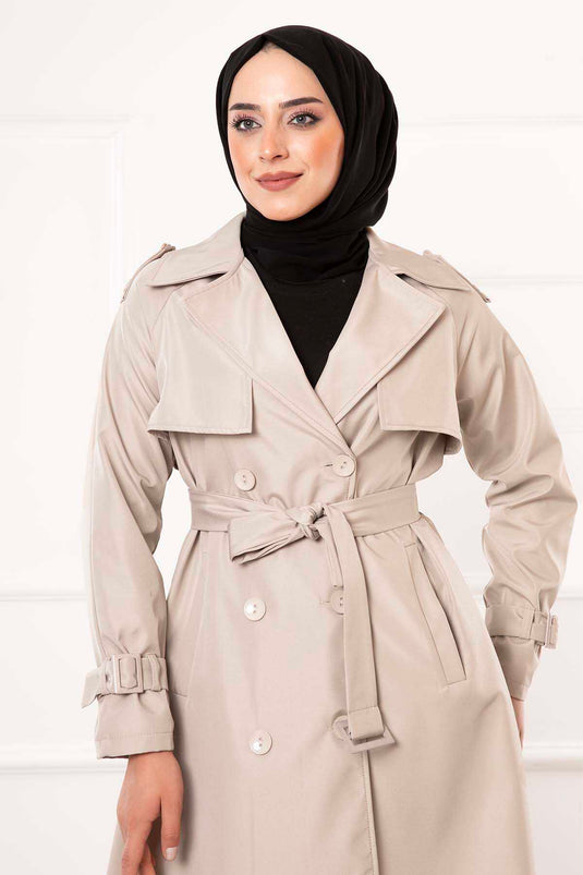 Trench Détail Boutons Ceinturé Mobile Beige